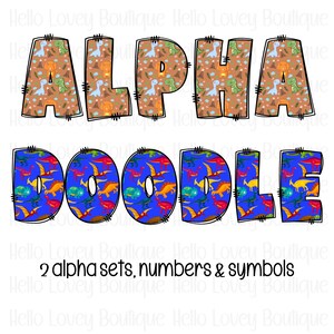Dinosaur Doodle Alphabet Set PNG, Dinosaur Letters, Doodle Letters, Uppercase, Numbers & Symbols, PNG for Sublimation, Alpha Sets
