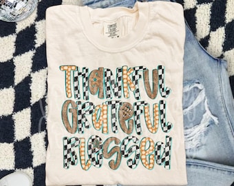 Thankful Grateful Blessed preppy checker pumpkin png, thanksgiving fall png