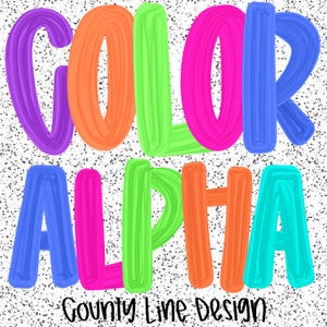 May include: A digital design featuring the words "COLOR ALPHA" in large, vibrant, brushstroke-style letters. The letters are in shades of purple, orange, green, pink, and blue. The text "County Line Design" is at the bottom.