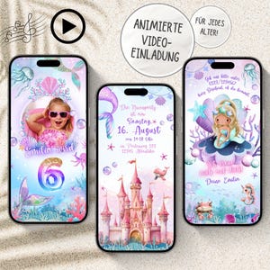 Tarjetas de invitación de sirena • Tarjeta electrónica animada de invitación de cumpleaños infantil de sirena • Invitación de cumpleaños de WhatsApp • DesignByRehlein