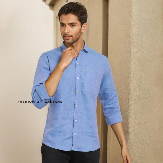 Sky Blue Solid Linen Cotton Shirt for Men Men Premium Regular