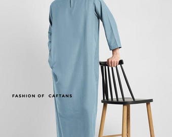 Handmade Linen Kaftan: Long Sleeve Loose Fit Loungewear - Blue