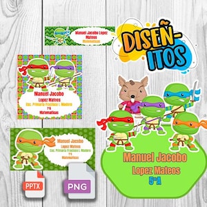 May include: A collection of colorful, cartoon-style labels and stickers featuring Teenage Mutant Ninja Turtles. The labels include names, school information, and the word "Matematicas". There are also PPTX and PNG file icons.