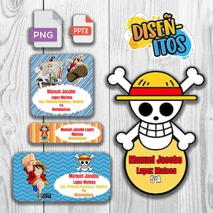 Puede incluir: Una colección de etiquetas y pegatinas coloridas con personajes de dibujos animados y el texto "DISEN-ITOS". Las etiquetas incluyen nombres, información escolar y la materia "Matematicas". También hay iconos de archivos PNG y PPTX.