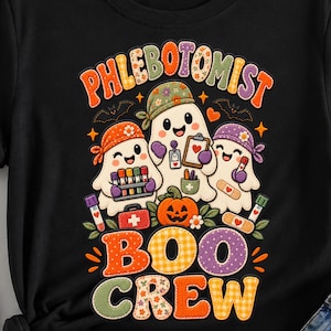 Phlebotomist Boo Crew PNG, Halloween Phlebotomist PNG, Cute Ghost Phlebotomy Design, Faux Applique Patchwork PNG
