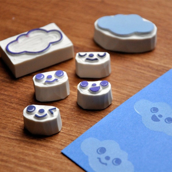 Hand carved Cloud Face change rubber stamps set of 6