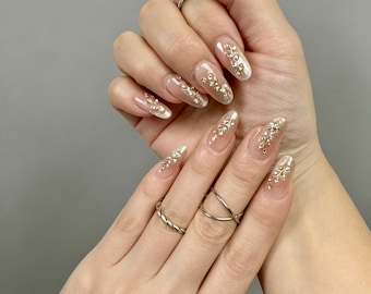 Handmade Champagne Cat Eye Almond Nails, Bridal Rhinestone Glitter Ombre Press Ons