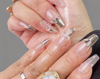 Y2K Pink & Gold Press On Nails: 3D Butterfly Bow, Long Coffin