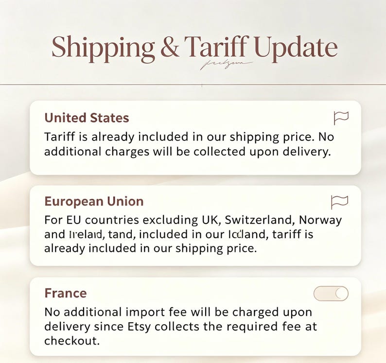 May include: A digital graphic with the heading Shipping & Tariff Update in dark brown text. It features three white rectangular boxes with rounded corners, each containing text regarding shipping policies for the United States, European Union, and France.