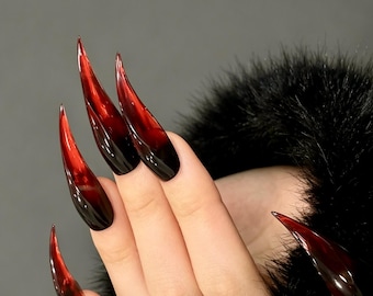 Blood-Red Smoke Ombre Dragon Claw Nails, Translucent Gothic Stiletto Press Ons (Halloween Party Set)