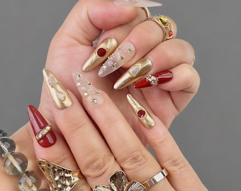 Baroque Gemstone Press On Nails: Red & Gold Metallic, Handmade Glam Nail Set