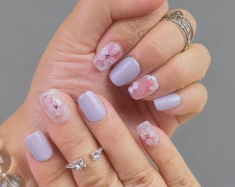 Handmade Purple Flower Press On Nails: Sweet Girl Style Nail Art Set