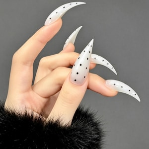 Milky White Polka Dot Dragon Claw Nails | Hand-Painted Stiletto Press Ons (Reusable Set)