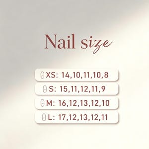 May include: A nail size chart with the text 'Nail size' at the top. Four rounded rectangular labels list sizes XS, S, M, and L, each accompanied by a small nail icon and a sequence of five numbers representing measurements in millimeters.