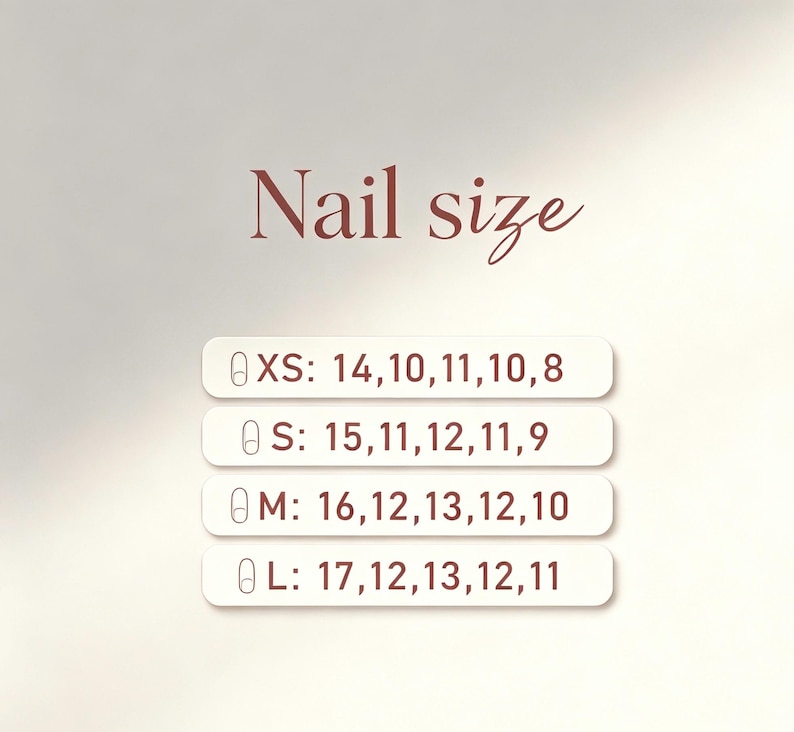 May include: A nail size chart with the text 'Nail size' at the top. Four rounded rectangular labels list sizes XS, S, M, and L, each accompanied by a small nail icon and a sequence of five numbers representing measurements in millimeters.