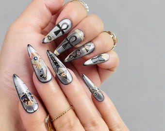 Ancient Egypt Press On Nails: Metallic Cat Eye Stiletto Nail Tips