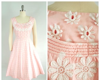 1950s Pink Polka Dotted Sun Dress / 30 Waist / Pastel Pink Cotton Shelf Bust Daisies Spring Summer