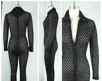 1960s 1970s Zip Front Jumpsuit / Xsmall / Black Silver Lurex Stretchy Knit Flared Legs bodysuit Sexy