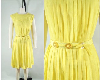 late 1950s Yellow Sun Dress / 26 Waist / Pleated Dress R & K Originals Gauze Cotton Summer Early 1960s Day Dress