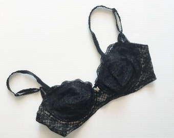 1960s Black Lace Bra / 36 C / Secret Fulfillment Lilyette Demi Pin Up Style Early 60s Late 1950s Lingerie Bullet Bra