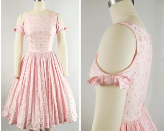 1950s Pink Dress and Jacket / 23 - 24 Waist / Cold Shoulder Dress Full Skirt Embroidered Cotton Juniors Spring Summer Dressy Casual