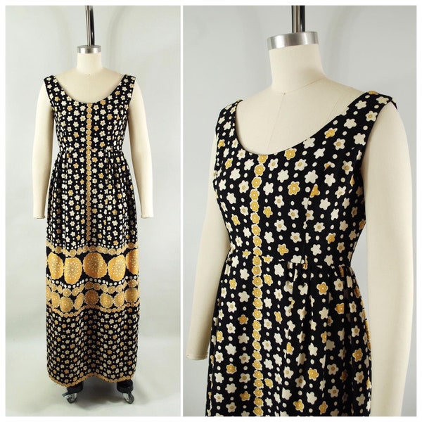 Late 1960s Victor Costa Maxi Dress / 34 bust / Suzy Perette Flower Power Early 1970s Empire Waist Black floral