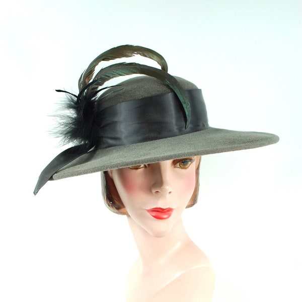 1980s Charcoal Gray and Black Hat by Jack McConnell Boutique - Feathered Wide Brim