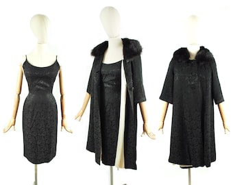 1950s Black Jacquard Dress Coat Set: Cocktail Evening Formal, 26 Waist