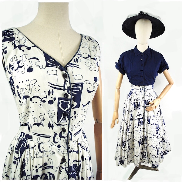 1950s Novelty Print Sun Dress and Jacket / 27 Waist / Kay Windsor - Button Front Abstract Print 1950s Matching Set sundress