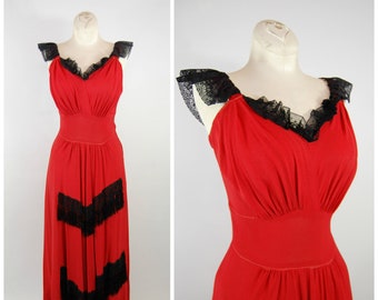 1940s Fringe Trimmed Crepe Gown // 28 Waist // Red Rayon Crepe - 30s 40s Sultry Gothic Evening / Lace Trimmed Dress 40s Red Formal Gown