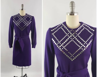 Early 1970s Purple Knit Dress / 36 - 37 bust / Studded Dress Grape Late 1960s Leo Narducci Late 1960s Mod