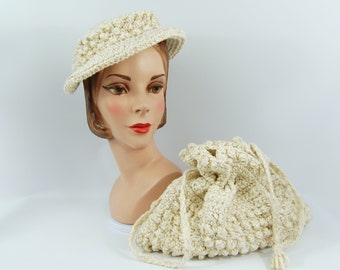 1950s Knit Purse and Hat Set Ivory and gold - Matching Purse Hat 50s Drawstring Handbag - Small Hat - Knit/ Crocheted 50s Winter