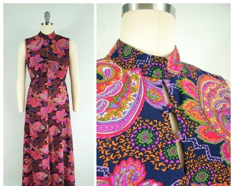 1970s Colorful Paisley Print Maxi Dress / 29 waist / Sleeveless High Neck A Line Black Pink Orange Purple by Miss Joey