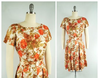 1960s Floral Party Dress / 27 Waist / Orange Brown Green Ivory Nipped Waist Pleated Skirt Early 60s