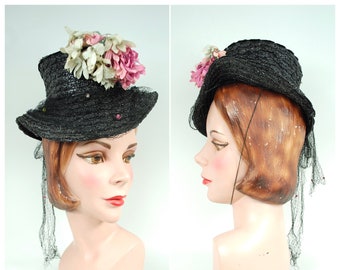 1930s 1940s Black Straw Topper Hat / Ladies Floral Spring Summer Top Hat Pink White Flowers