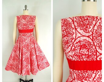 1950s Red Pink Sundress / 28 Waist / Red Pink Patterned Cotton Day Dress by A Mar Tee Original