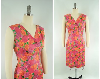 1950s Floral Print Cocktail Dress / 27 waist / Pink Orange Green Rose Pattern Wiggle Dress Spring Garden Party