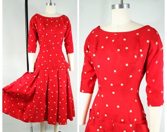 1950s Red White Polka Dot Party Dress / 24 1/2 Waist XXS / Nathan Strong New Look Drop Waist Full Skirt Formal Cocktail