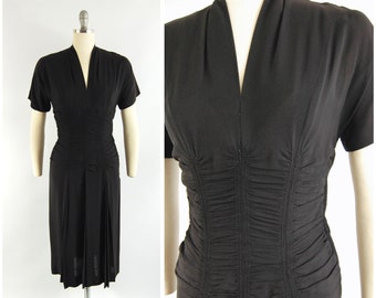 1940s Black Smocked Dress / 28 waist / Black Rayon Pleat Front Skirt By Fox Brownie Original Dinner Cocktail Evening Formal