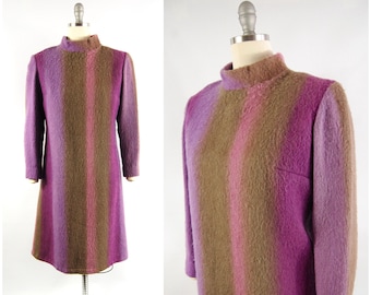 1960s Purple Shift Dress / 38 - 40 Bust / Fuzzy Fleece Mohair Long Sleeved Winter Lavender Olive Brown Stripes - Globetrotter Pi Mod 60s
