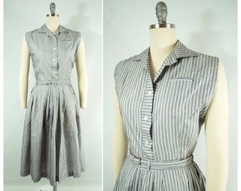 Early 1950s Pinstriped Blouse and Skirt Set / 28 waist / Orlon and Cotton Shirt Belt Full Skirt 50s Shirtwaist Dress