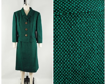 1950er Jahre Grüner Tweed Damenanzug / 29 Taille / Wollanzug Marshall Field Friedmont Anfang 1960er Jahre Juwel Ton Rock und Jacke