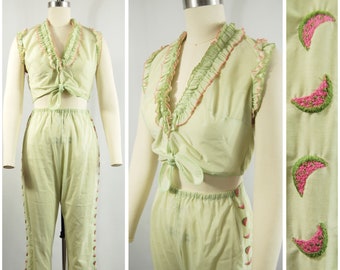 1950s Mint Green Pajama Set / size 34 / Rogers Lingerie Crop Top Short Pants Watermelons Novelty Print Summer PJ Set