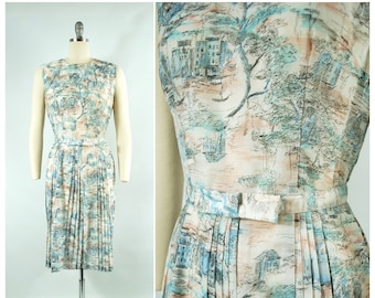 30 in Waist / 60s Novelty Print Day Dress Scenic Coastal Early 1960s Late 1950s Belted Waist Pleated Skirt Spring Summer