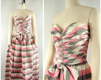 Formal Gown: 1980s Pink White Gray Striped Taffeta Strapless Dress by AJ Bari
