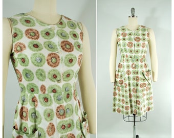 Early 1960s Sundress / 27 waist / Floral Cotton Day Dress Button Front Dress Hip Pockets green brown black white