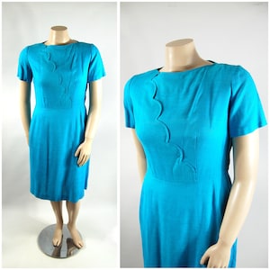Early 1960s Turquoise Blue Rayon Dress / 34 Waist / Jewel Tone Fitted Tailored Day Wear Volup 60s Side Zip