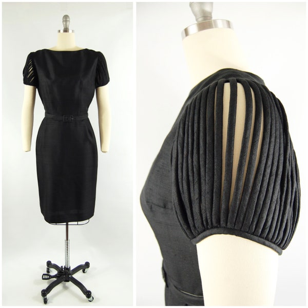 1950s Black Silk Wiggle Dress / 27 - 28 Waist / Unique Sleeves Doris Fein Original Dress - Late 1950s Cocktail Dress Summer Evening