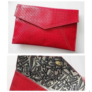1950s Red Clutch Bag with Novelty Screws Fabric Lining - Envelope Purse
