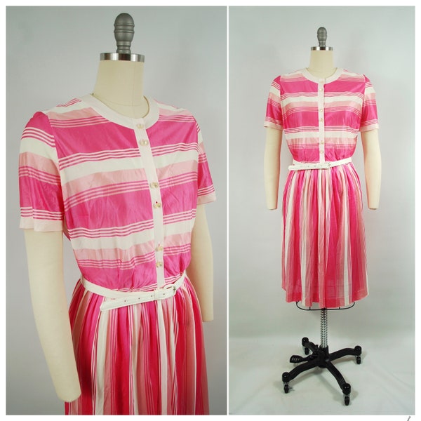 Mid 1960s Day Dress / 28 - 29 waist / Pink White Striped Shirtwaist Casual All Seasons Claire Tiffany Traveler Button Front